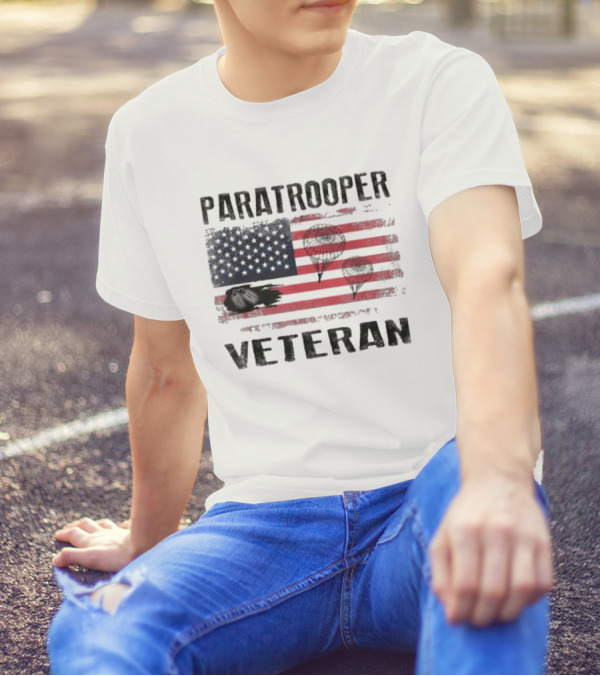 Paratrooper Veteran US Flag Tribute With Airborne T-Shirt