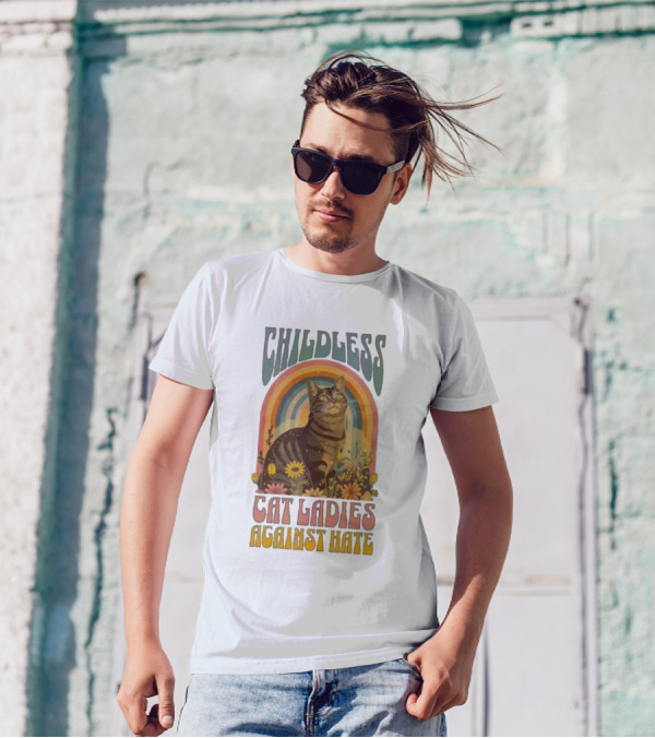Childless Cat Ladies Against Hate Kamala Harris Rainbow Flowers Cat T-Shirt