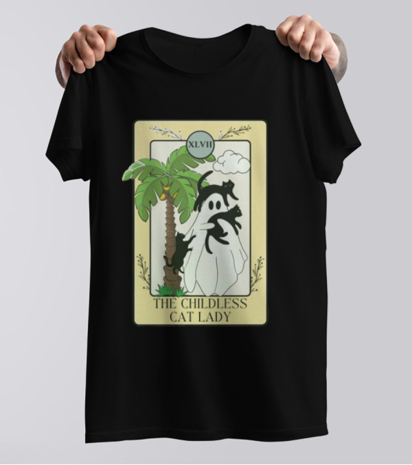 XLVII The Childless Cat Lady Ghost Black Cat Coconut Tree T-Shirt
