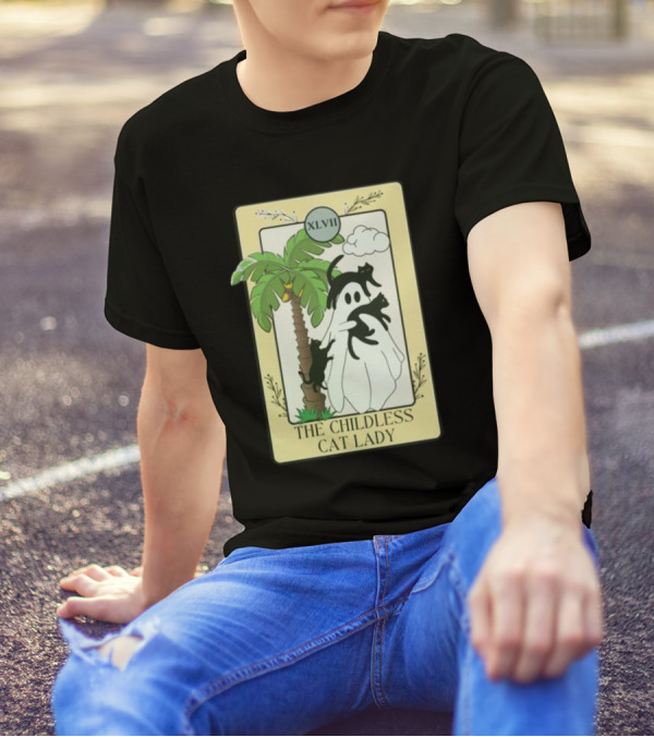 XLVII The Childless Cat Lady Ghost Black Cat Coconut Tree T-Shirt