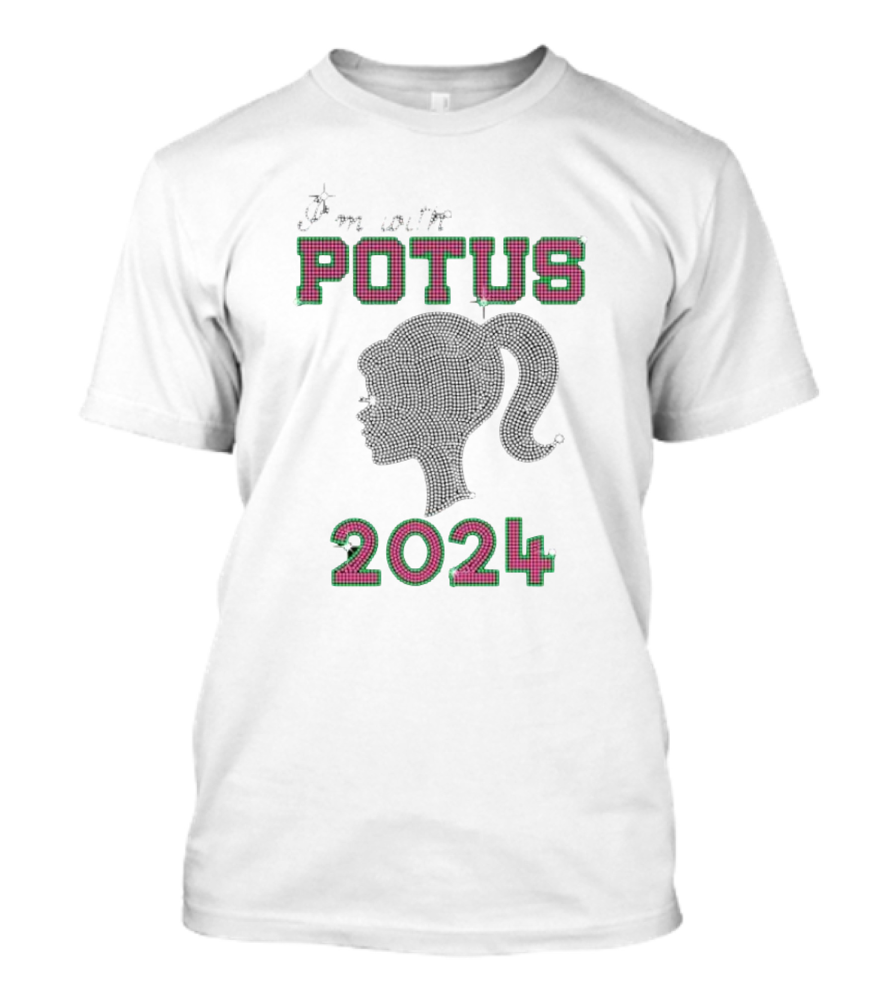 I'm With POTUS 2024 Green Pink Rhinestone Madam President Kamala Harris T-Shirt