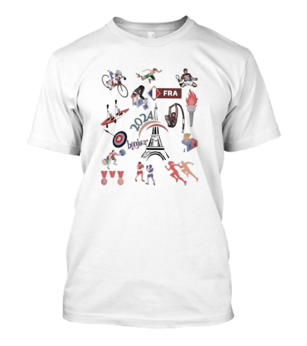Paris 2024 Olympic Games FRA Eiffel Tower Bonjour Torch Icons Medals Cycling Gymnastics Swimming Archery Basketball Running T-Shirt