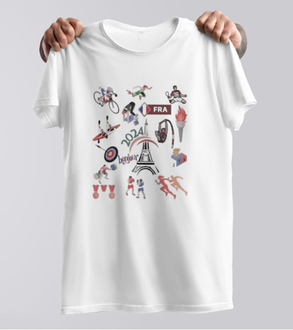 Paris 2024 Olympic Games FRA Eiffel Tower Bonjour Torch Icons Medals Cycling Gymnastics Swimming Archery Basketball Running T-Shirt