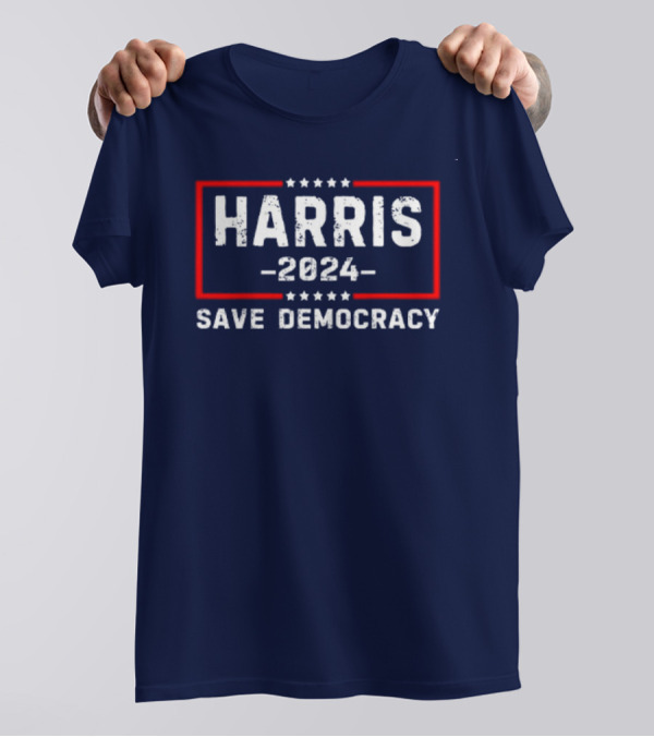 Kamala Harris 2024 Save Democracy Stars And Bold Red Frame T-Shirt