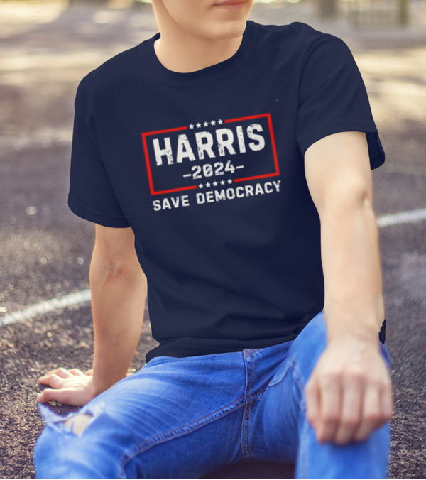 Kamala Harris 2024 Save Democracy Stars And Bold Red Frame T-Shirt