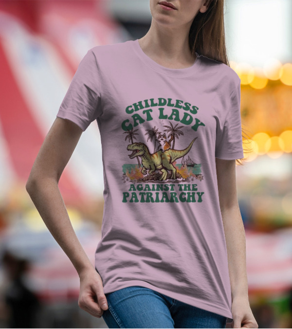 Childless Cat Lady Riding Dinosaur Against The Patriarchy With Flaming Coconut Trees T-Shirt