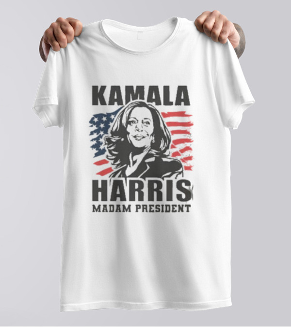 Kamala Harris Madam President American Flag Background T-Shirt
