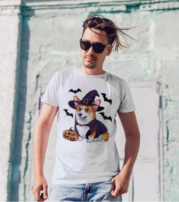 Halloween Corgi In Witch Hat With Pumpkins And Bats T-Shirt