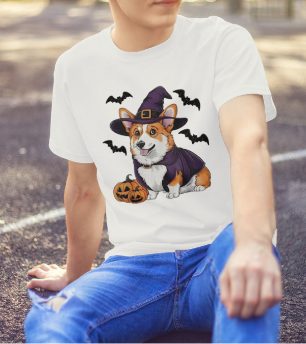 Halloween Corgi In Witch Hat With Pumpkins And Bats T-Shirt