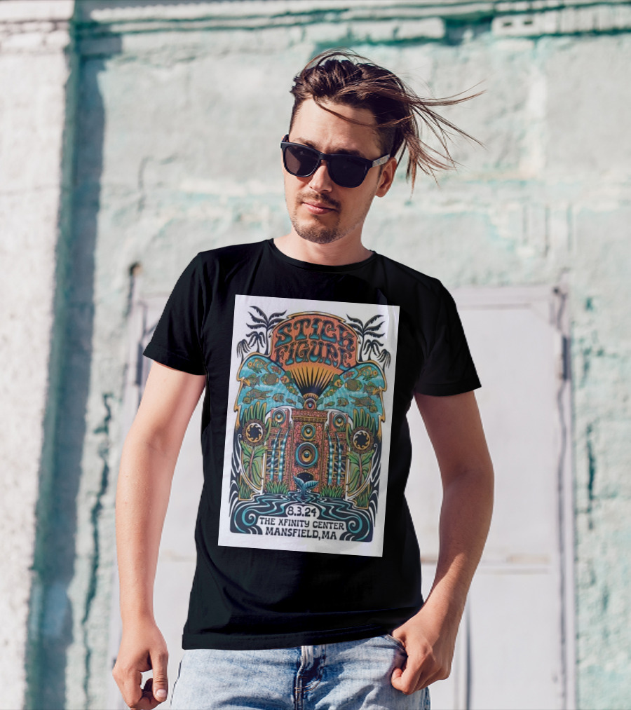 Stick Figure Concert Poster The Xfinity Center Mansfield MA August 3 2024 Psychedelic Art With Fish And Speaker T-Shirt