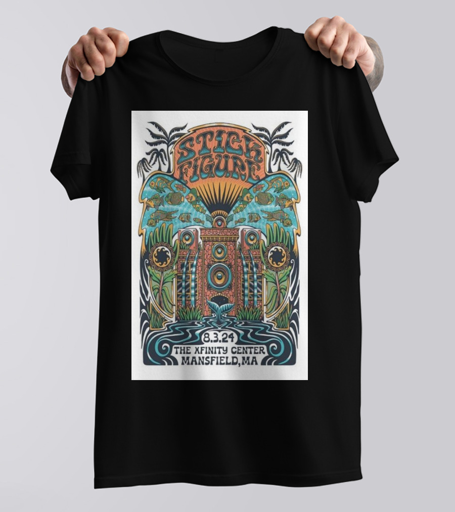 Stick Figure Concert Poster The Xfinity Center Mansfield MA August 3 2024 Psychedelic Art With Fish And Speaker T-Shirt