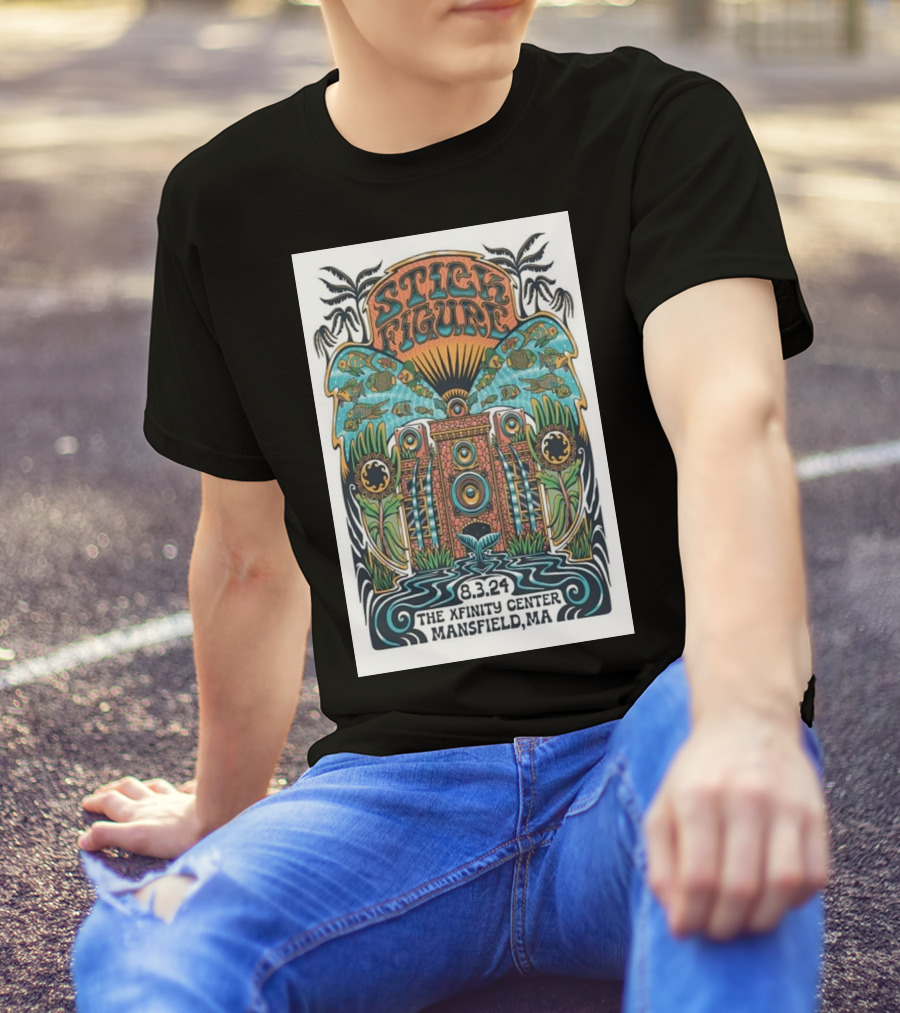 Stick Figure Concert Poster The Xfinity Center Mansfield MA August 3 2024 Psychedelic Art With Fish And Speaker T-Shirt