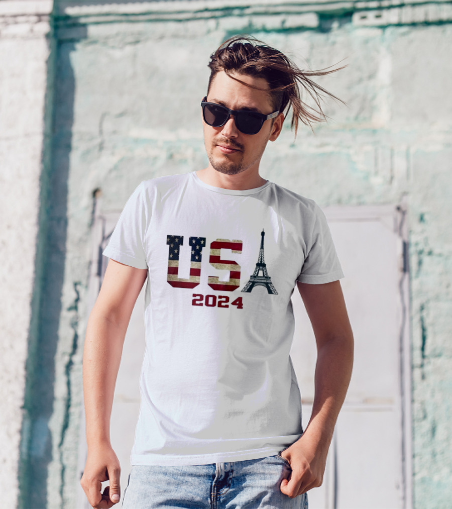 USA American Flag Eiffel Tower T-Shirt