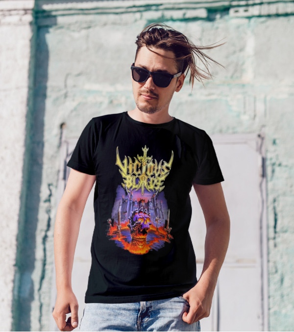 Vicious Blade Skull Fortress With Flaming Swords T-Shirt