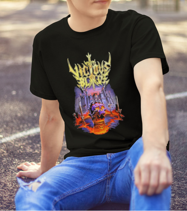 Vicious Blade Skull Fortress With Flaming Swords T-Shirt