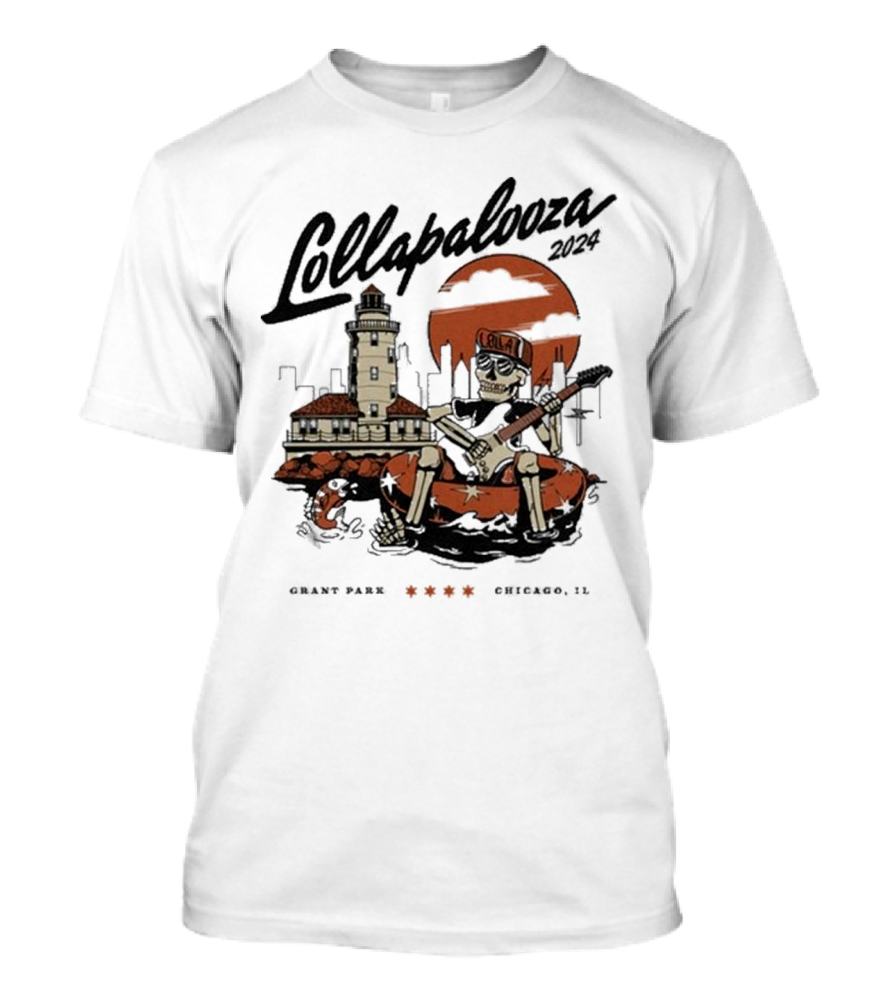 Lollapalooza 2024 Grant Park Chicago IL Skeleton With Guitar And Lighthouse T-Shirt