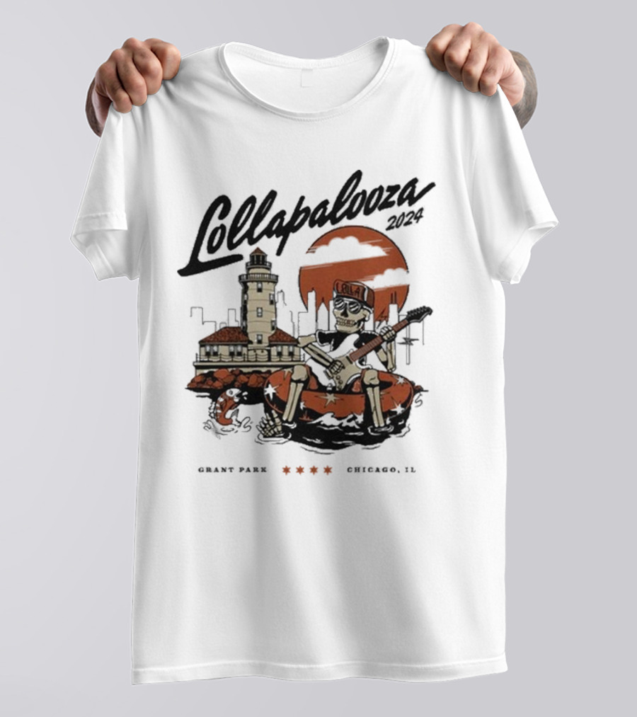 Lollapalooza 2024 Grant Park Chicago IL Skeleton With Guitar And Lighthouse T-Shirt