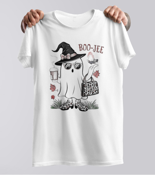 Boo Jee Leopard Ghost Fall Vibes With Witch Hat And Coffee Cup T-Shirt