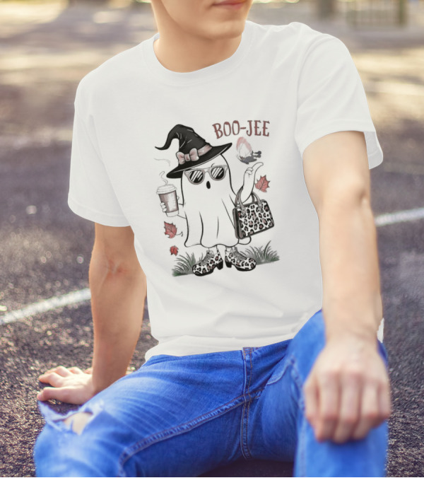 Boo Jee Leopard Ghost Fall Vibes With Witch Hat And Coffee Cup T-Shirt