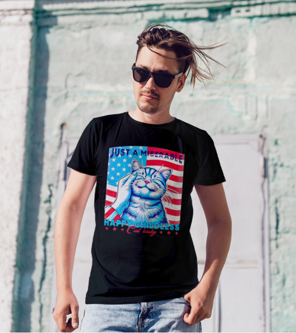 Just A Miserable Happy Childless Cat Lady Patriotic Flag Background T-Shirt