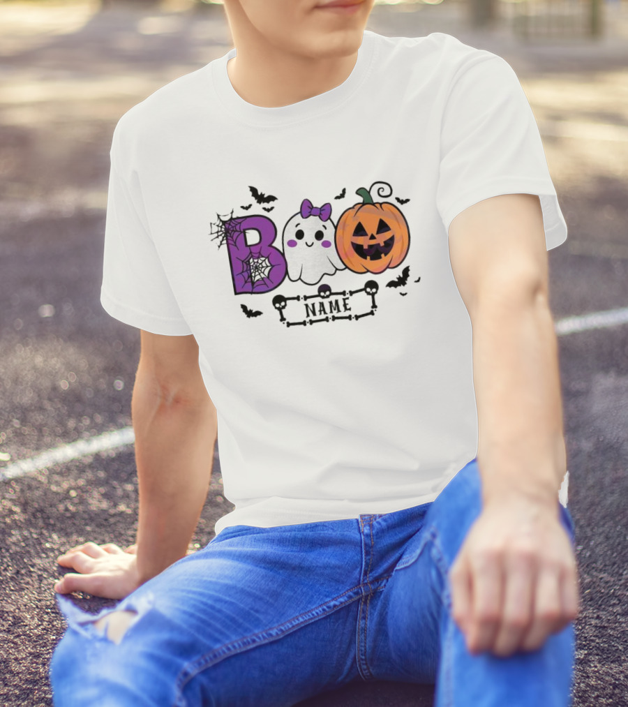 Boo Name Ghost Pumpkin Halloween Spiders Bats T-Shirt