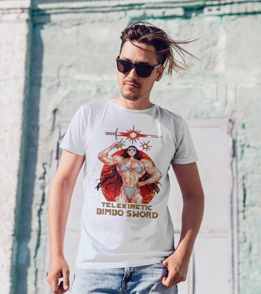 Rebecca Kirby Telekinetic Bimbo Sword Warrior With Fiery Background T-Shirt