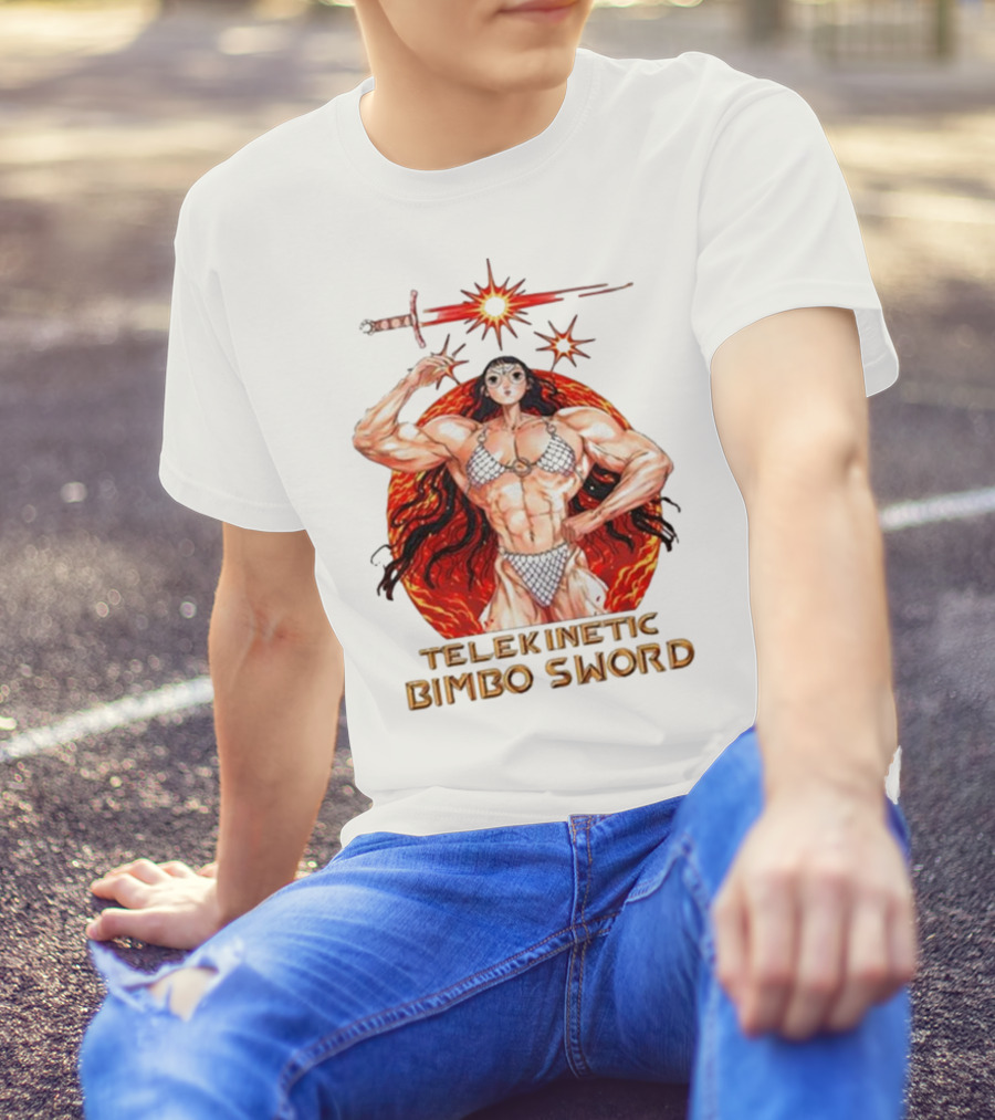 Rebecca Kirby Telekinetic Bimbo Sword Warrior With Fiery Background T-Shirt