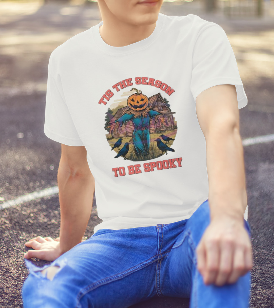Tis The Season To Be Spooky Pumpkin Head Scarecrow With Crows In Front Of Haunted House T-Shirt