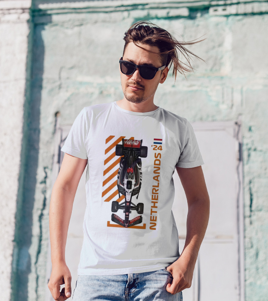 Haas F1 Racing Car Netherlands 24 Orange Stripes Racing Formula 1 T-Shirt