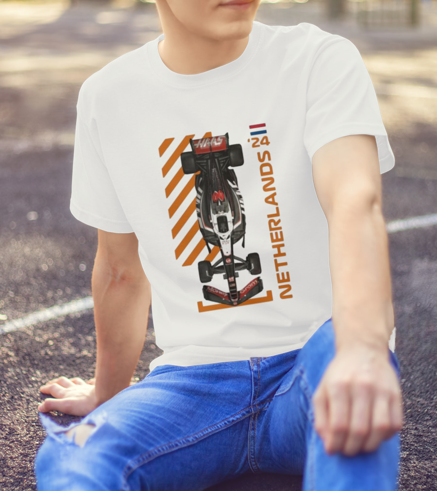 Haas F1 Racing Car Netherlands 24 Orange Stripes Racing Formula 1 T-Shirt