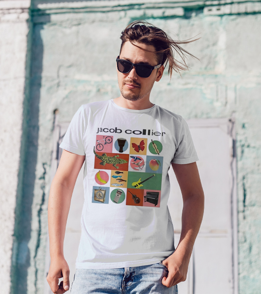 Jacob Collier 2024 Tour Bicycle Butterfly Gecko Giraffe Keytar Banjo Piano Fish Bird Mango Banana Drums T-Shirt