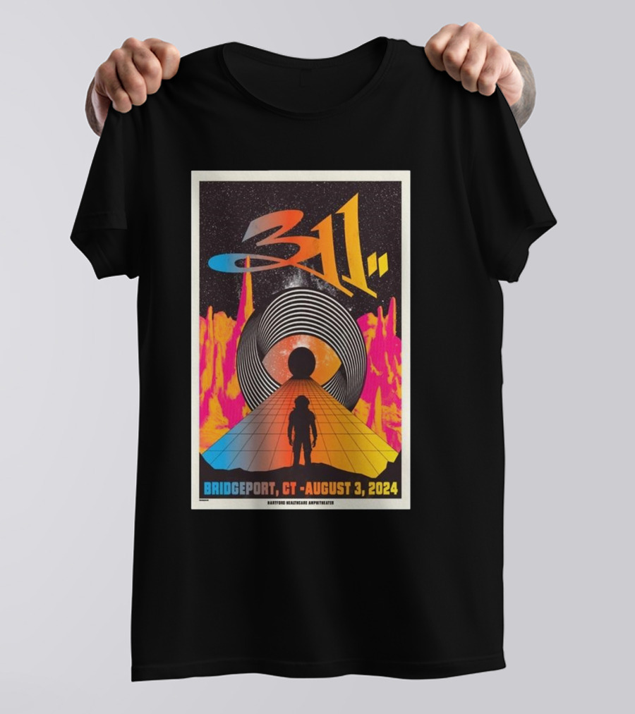 311 Concert Poster At Hartford HealthCare Amphitheater Bridgeport CT August 3 2024 Vintage Sci-Fi Landscape T-Shirt