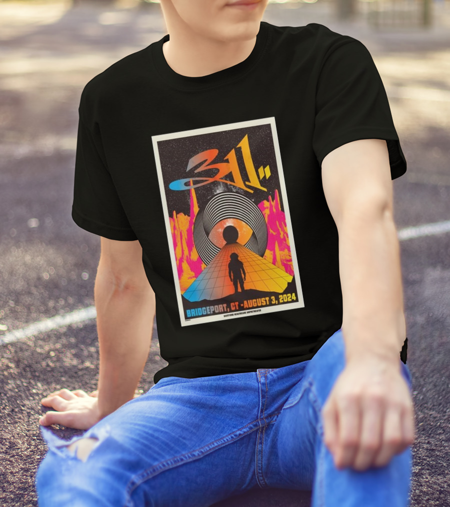 311 Concert Poster At Hartford HealthCare Amphitheater Bridgeport CT August 3 2024 Vintage Sci-Fi Landscape T-Shirt