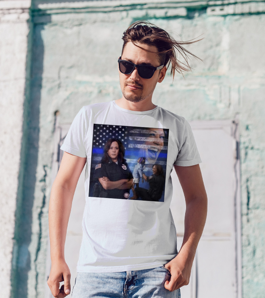 Kamala Harris Police Blue Line American Flag Background T-Shirt