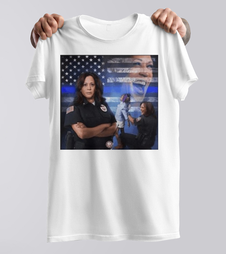 Kamala Harris Police Blue Line American Flag Background T-Shirt