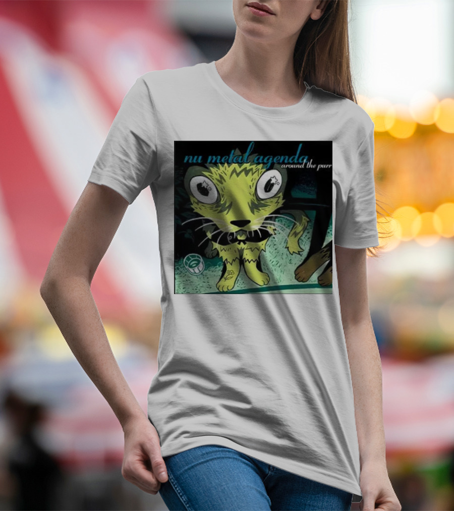 Nu Metal Agenda Around The Purr Feline Illustration With Swirling Colors And Bold Letters T-Shirt