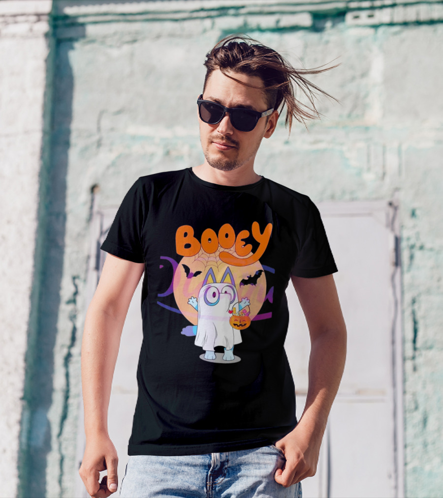 Booey Ghost Costume With Pumpkin Treat Bag Halloween T-Shirt