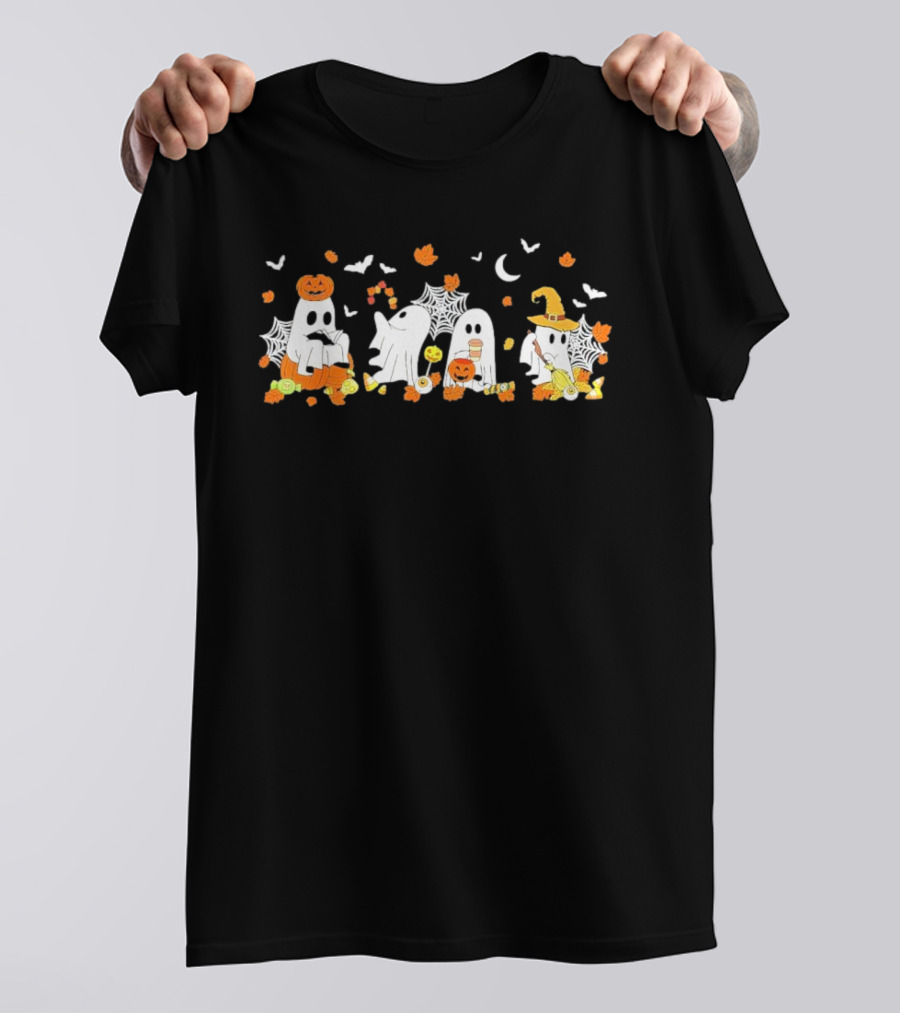 Ghosts With Pumpkins Coffee And Halloween Witch Costumes T-Shirt