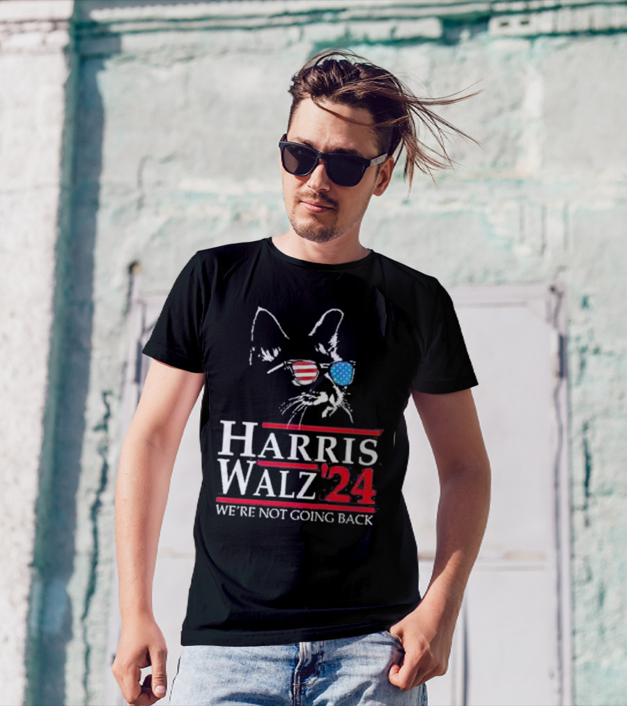 Harris Walz 2024 We’re Not Going Back Cat Sunglasses American Flag T-Shirt