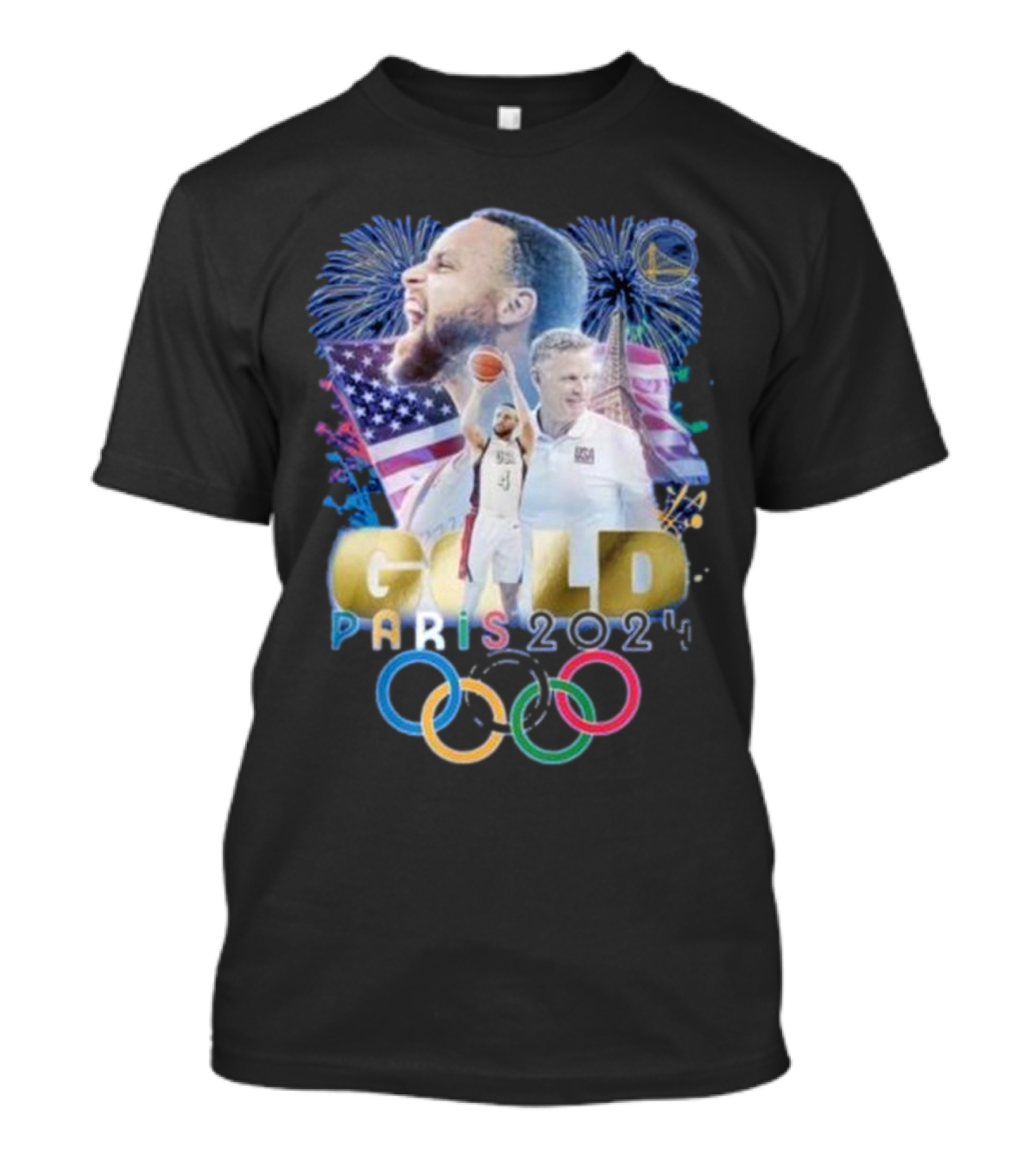 Stephen Curry USA Gold Paris 2024 Olympic Rings Fireworks T-Shirt