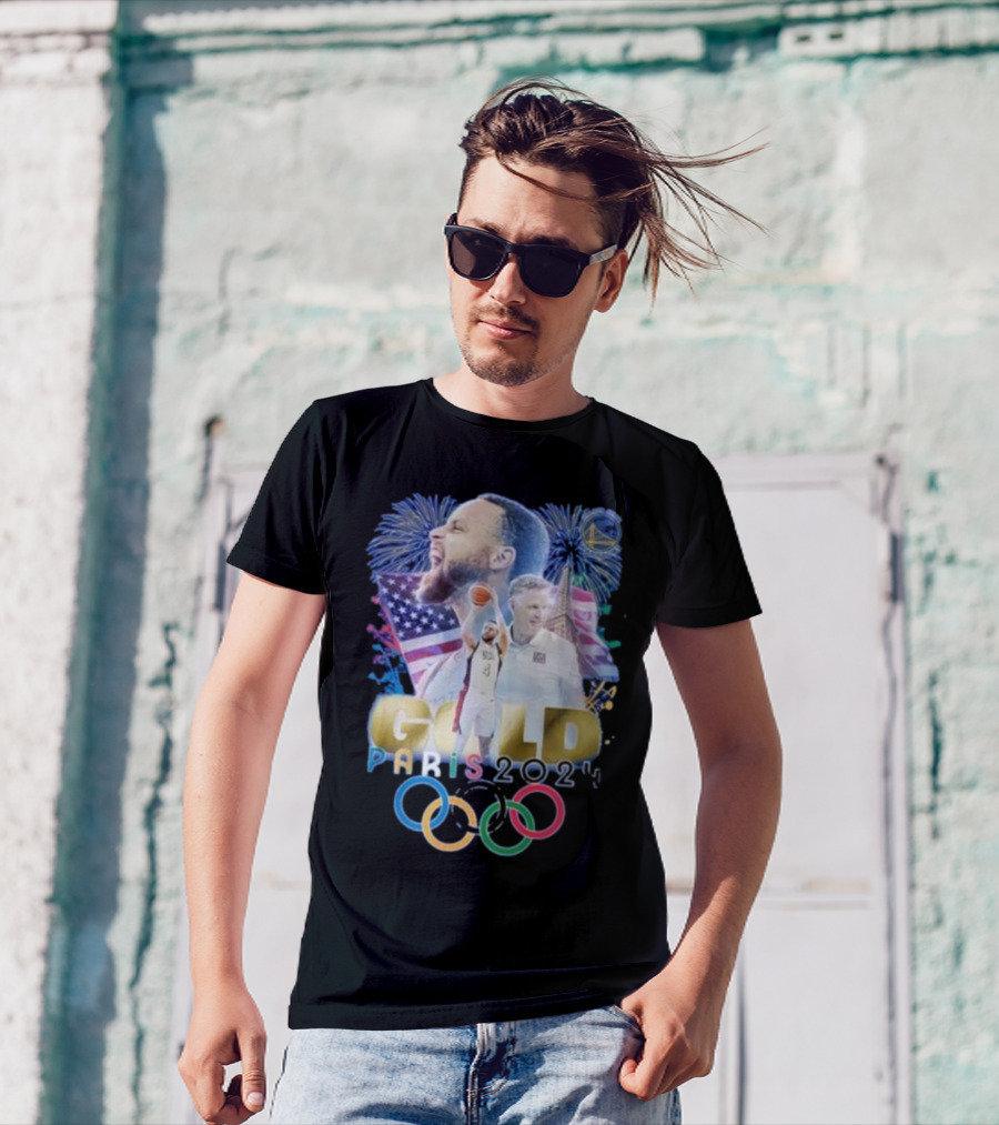 Stephen Curry USA Gold Paris 2024 Olympic Rings Fireworks T-Shirt