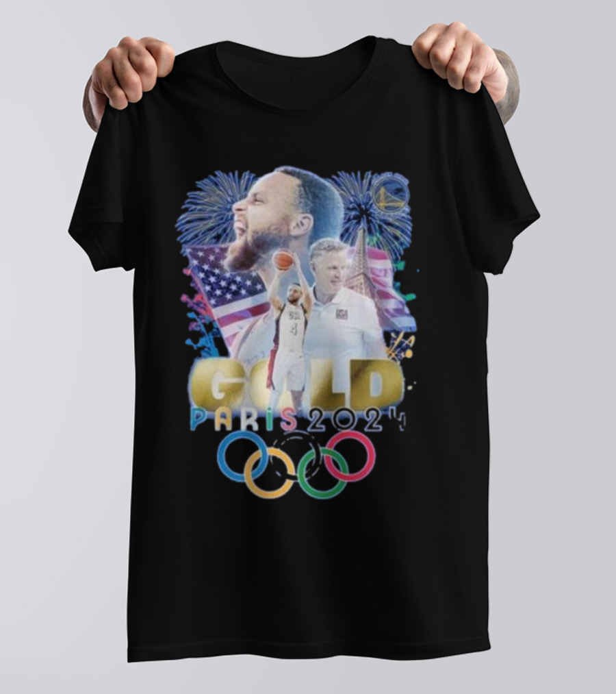 Stephen Curry USA Gold Paris 2024 Olympic Rings Fireworks T-Shirt