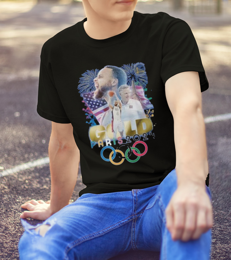 Stephen Curry USA Gold Paris 2024 Olympic Rings Fireworks T-Shirt