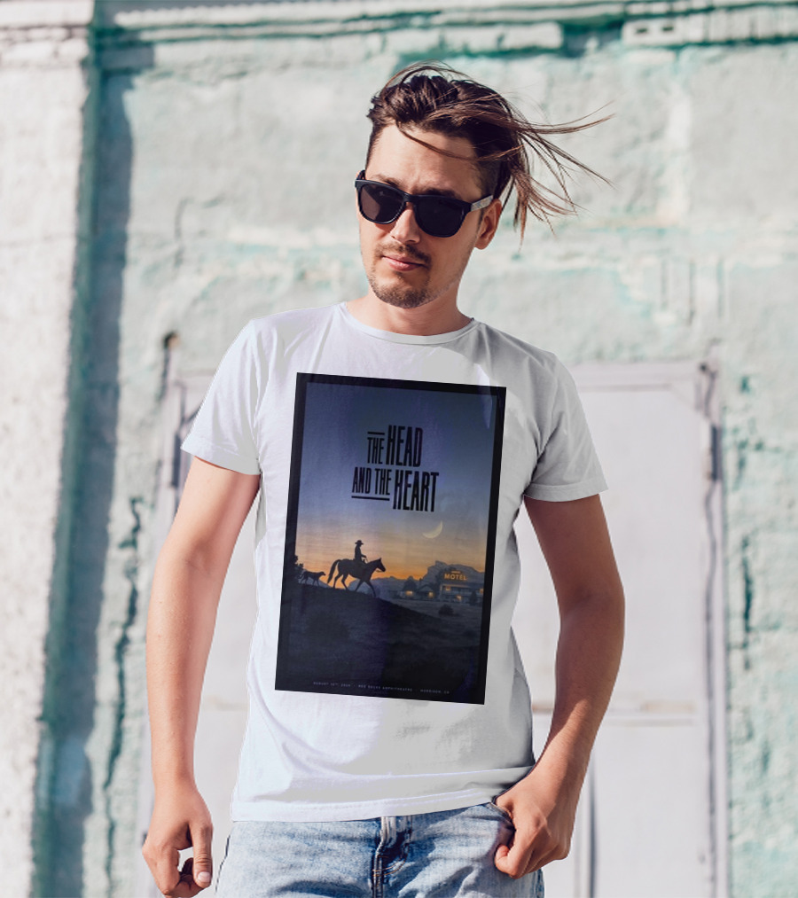 The Head And The Heart August 12 2024 Red Rocks Amphitheatre Morrison CO Cowboy Silhouette At Sunset Motel Scene T-Shirt