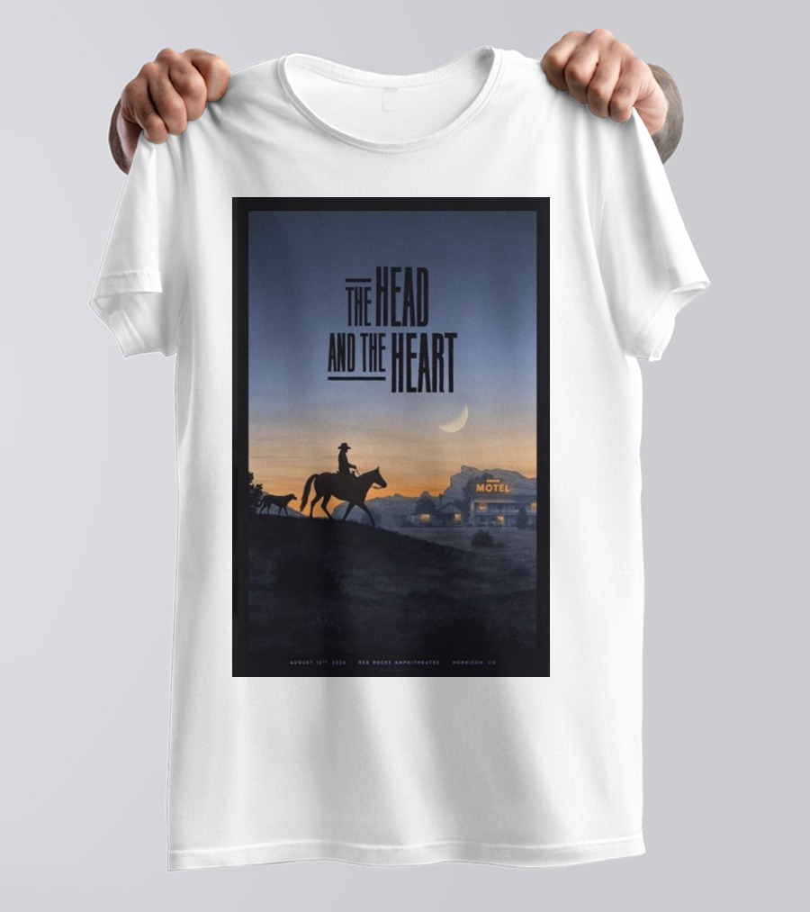 The Head And The Heart August 12 2024 Red Rocks Amphitheatre Morrison CO Cowboy Silhouette At Sunset Motel Scene T-Shirt