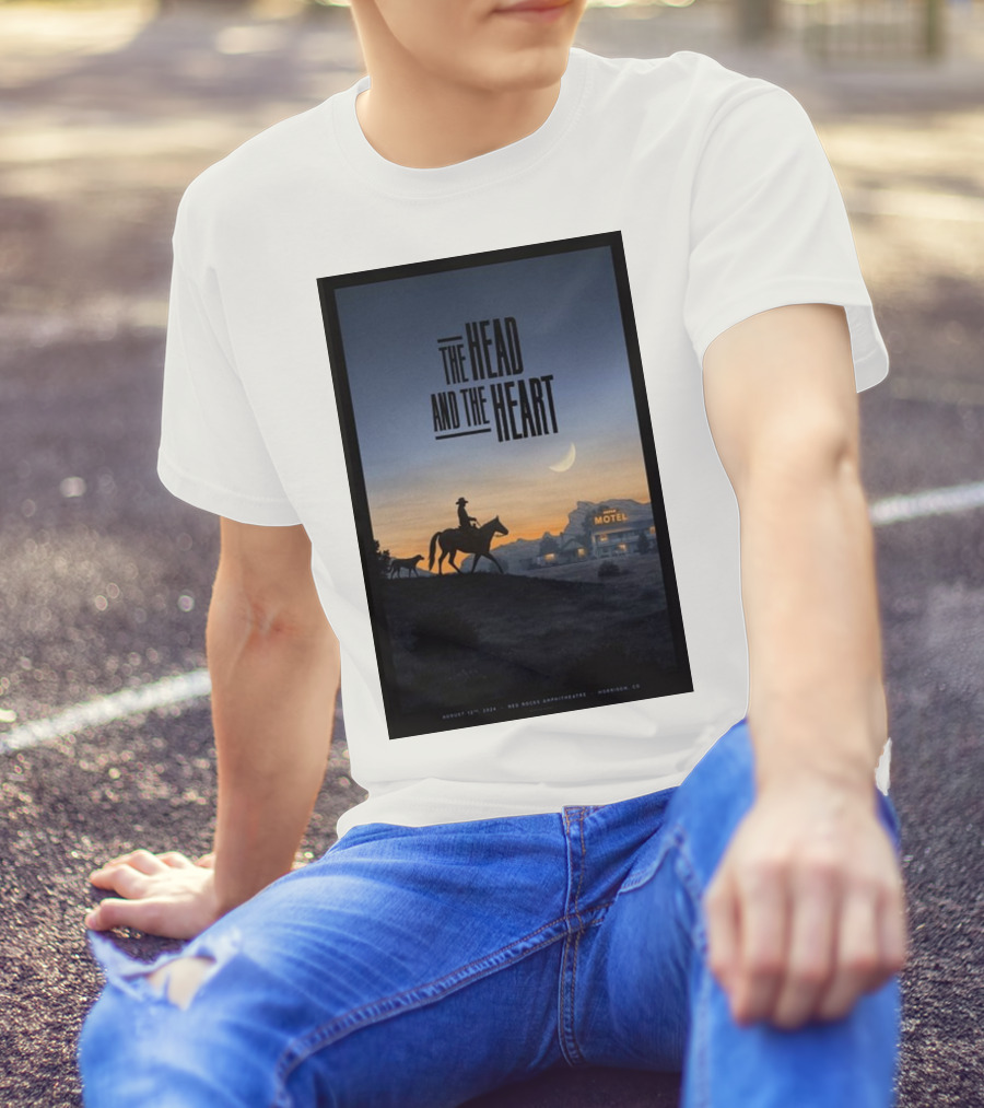 The Head And The Heart August 12 2024 Red Rocks Amphitheatre Morrison CO Cowboy Silhouette At Sunset Motel Scene T-Shirt