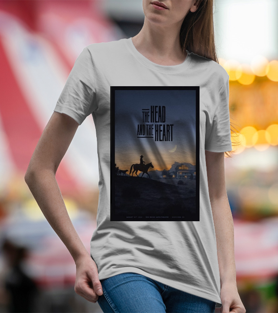 The Head And The Heart August 12 2024 Red Rocks Amphitheatre Morrison CO Cowboy Silhouette At Sunset Motel Scene T-Shirt