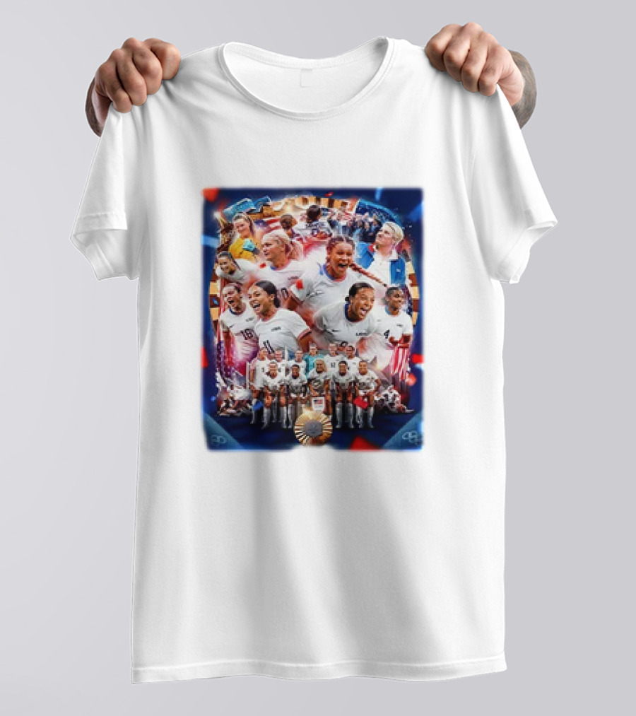 USWNT Olympic Victory Celebration With Smiling Athletes And Team T-Shirt