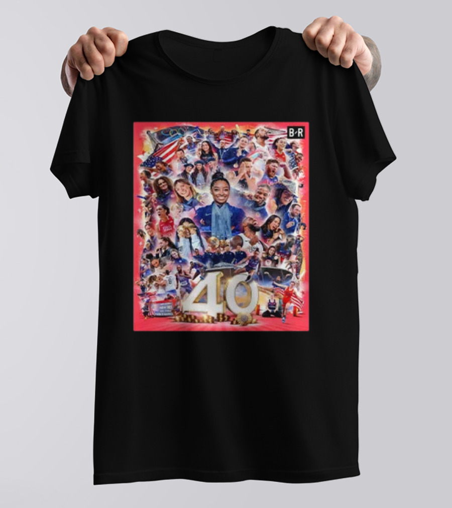 USA Celebrates 40 Gold Medals At 2024 Paris Olympics With Prominent Athletes And Iconic Symbols T-Shirt