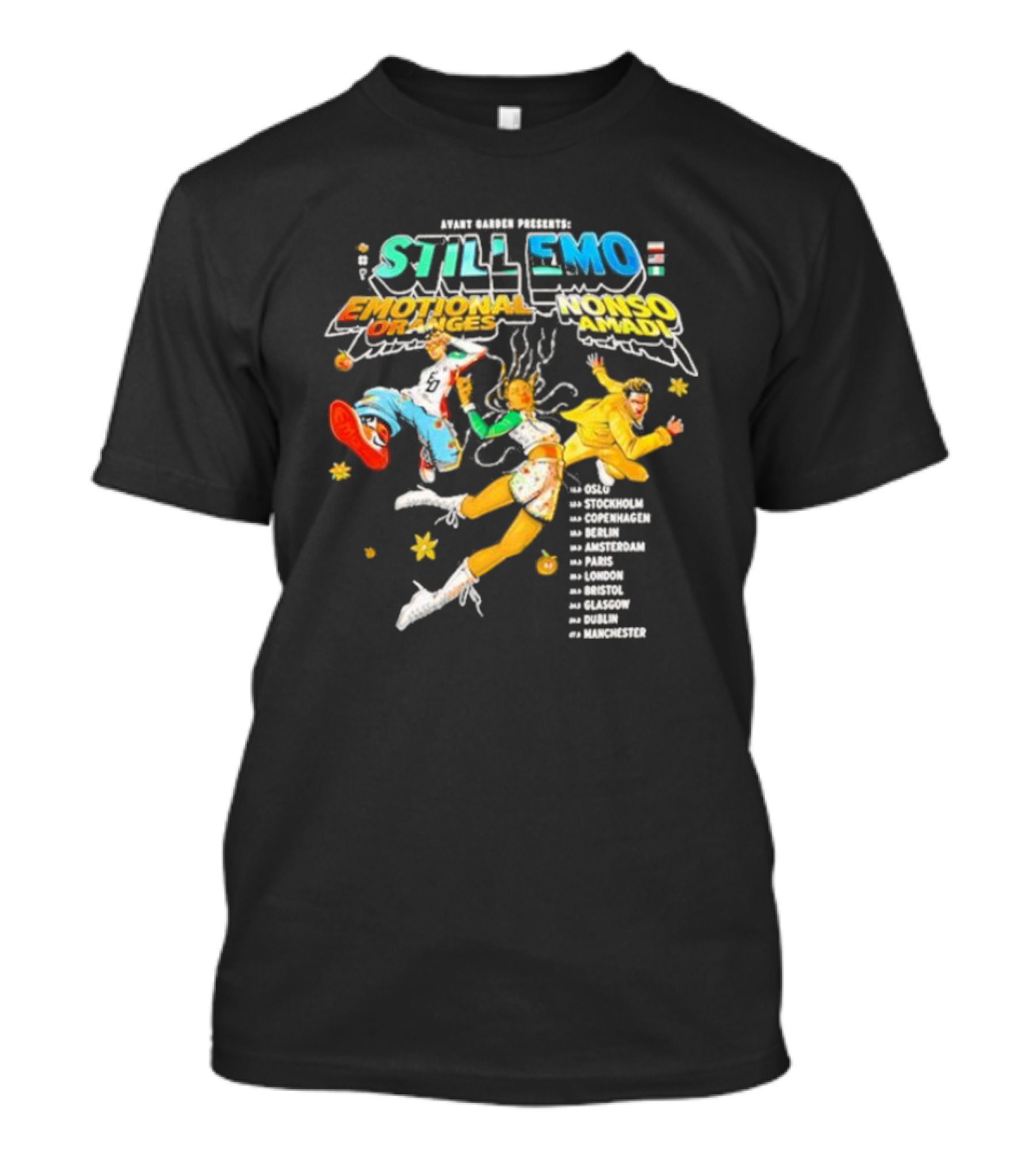 Avant Garden Presents Still Emo Tour Emotional Oranges Nonso Amadi Europe 2024 Oslo Stockholm Copenhagen Berlin Amsterdam Paris London Bristol Glasgow Dublin Manchester T-Shirt